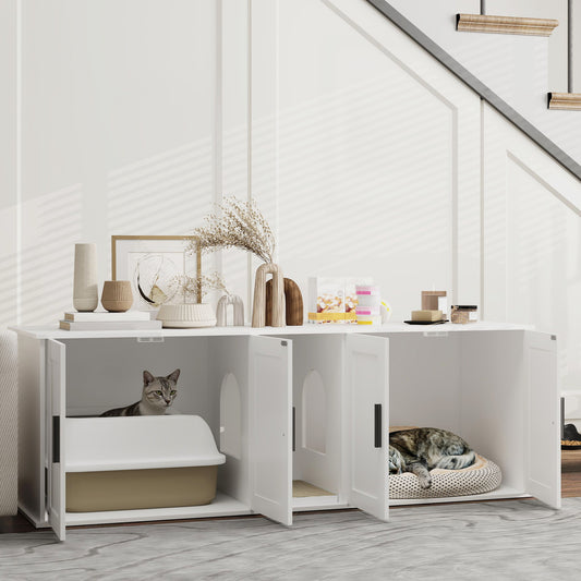 Modern pet enclosure with two cats inside in a minimalistic room.