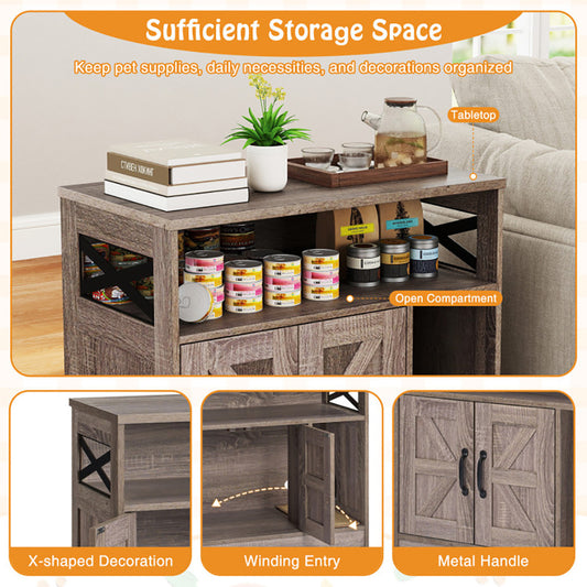 Wooden side table with storage compartments and decorative elements on a living room background.