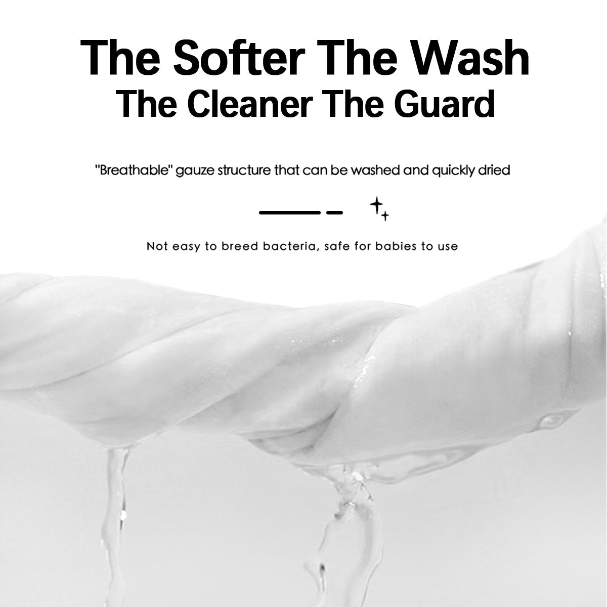 White fabric with text about breathable gauze structure, washability, and safety for babies.